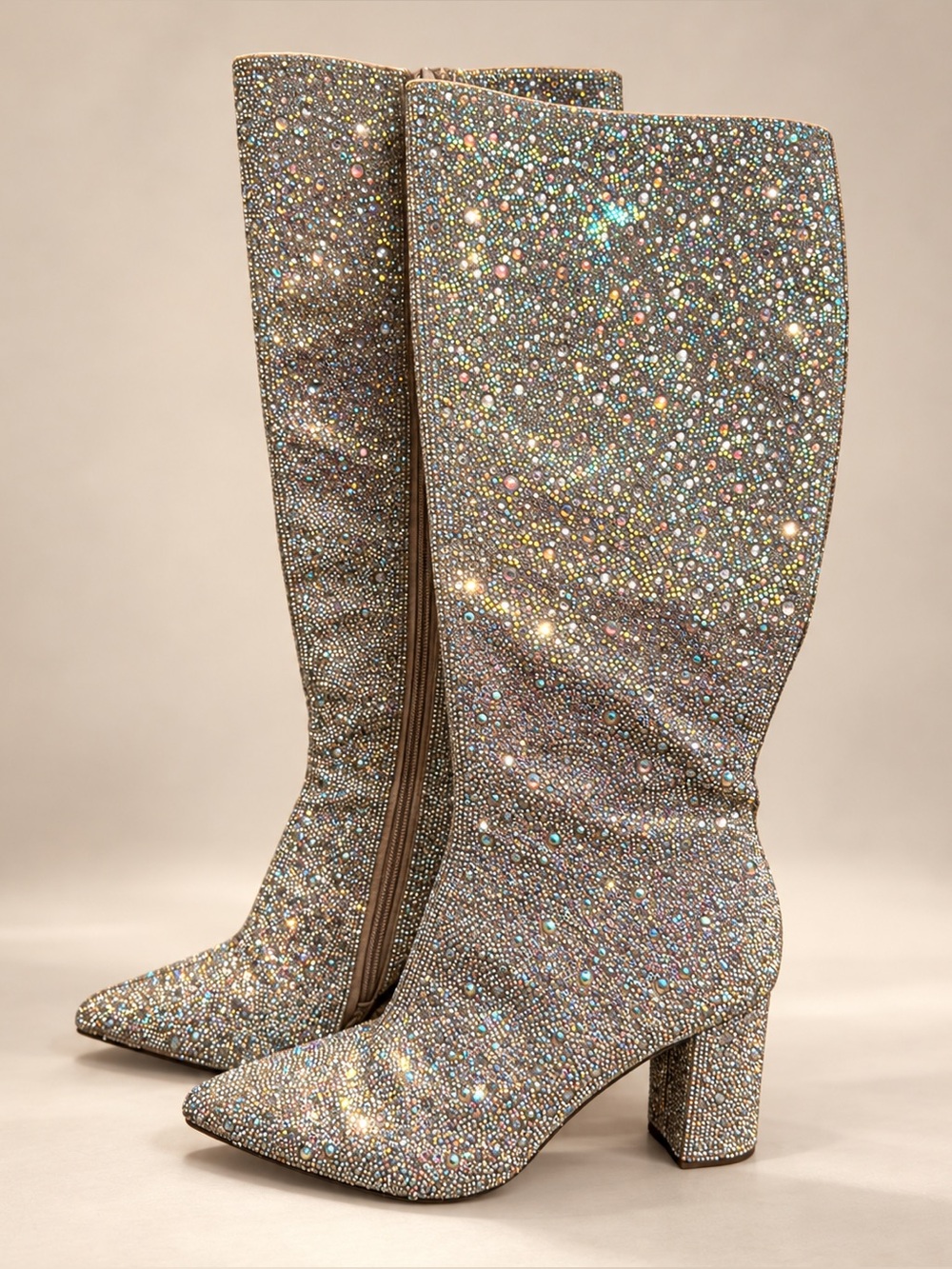 Betsey Johnson Silver Iridescent Glitter Mid-Calf Heeled Boots